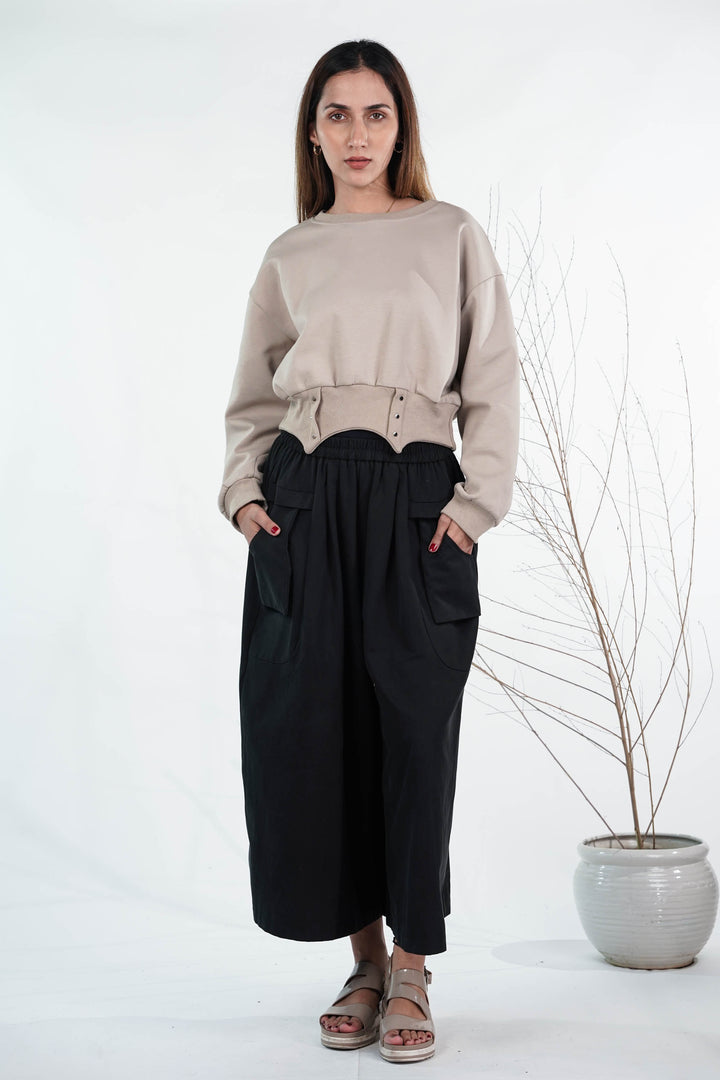 Beige & Black Flared Pants Co-Ord