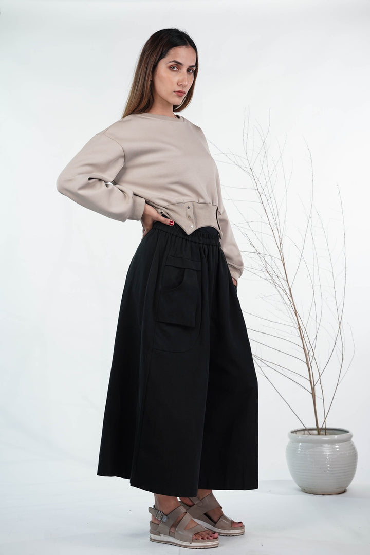 Beige & Black Flared Pants Co-Ord