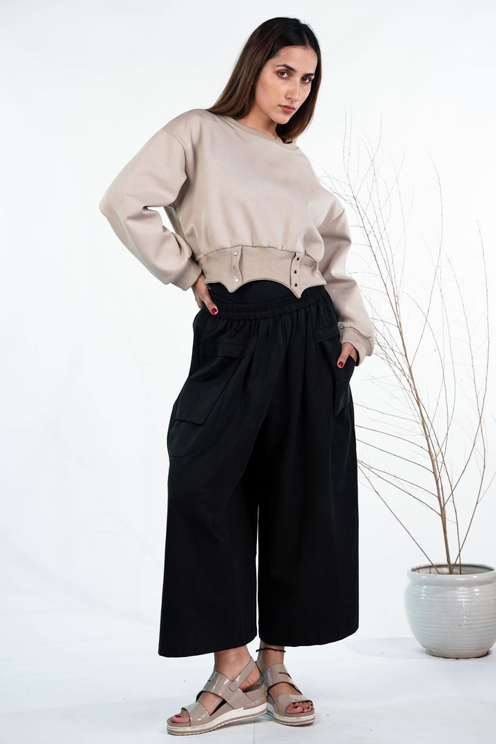 Beige & Black Flared Pants Co-Ord