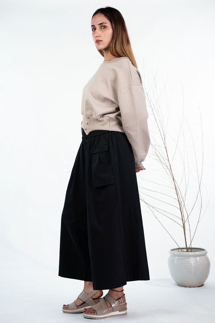 Beige & Black Flared Pants Co-Ord