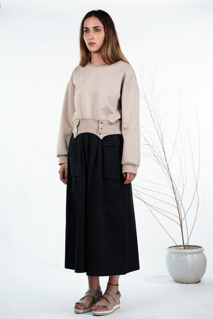 Beige & Black Flared Pants Co-Ord