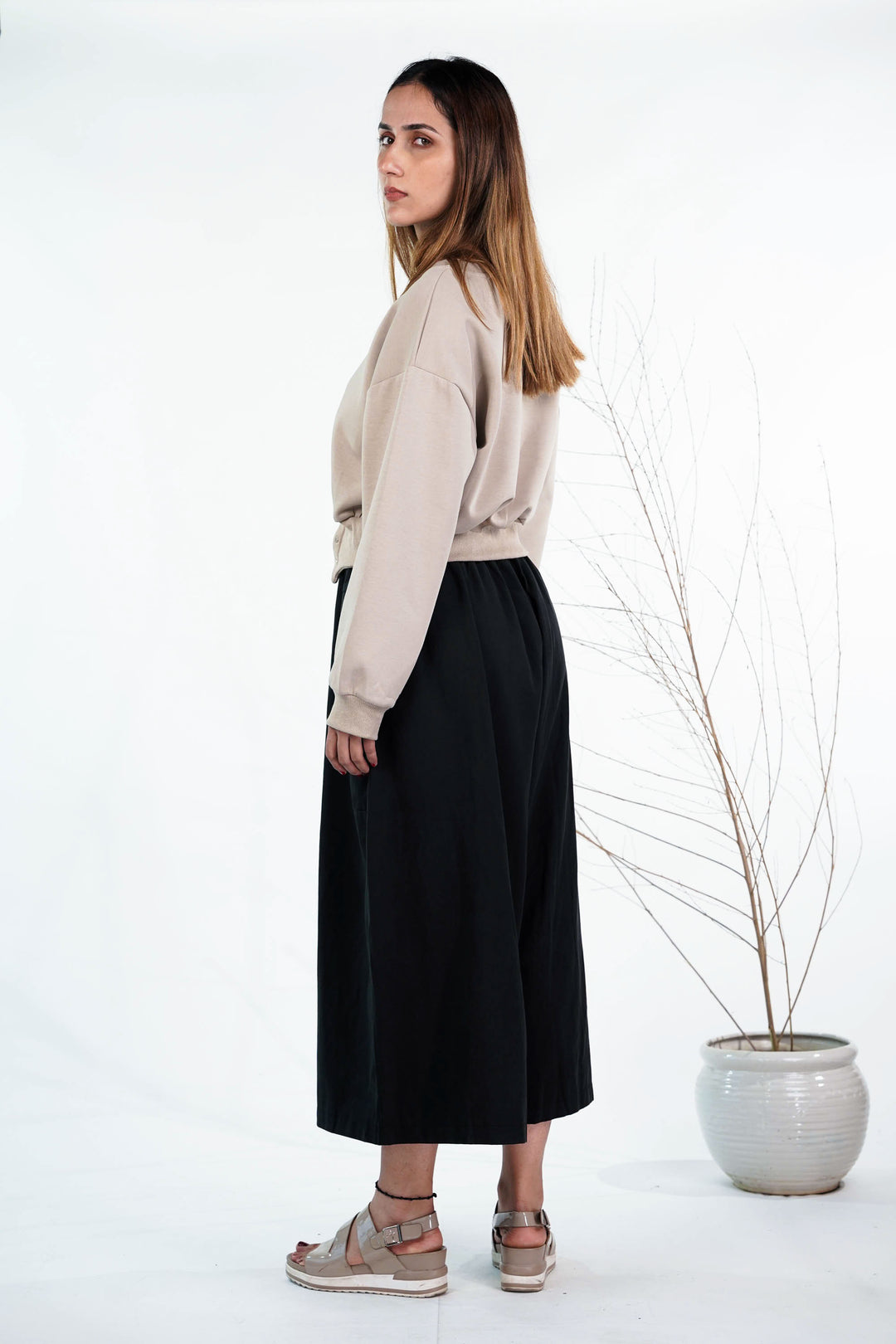 Beige & Black Flared Pants Co-Ord