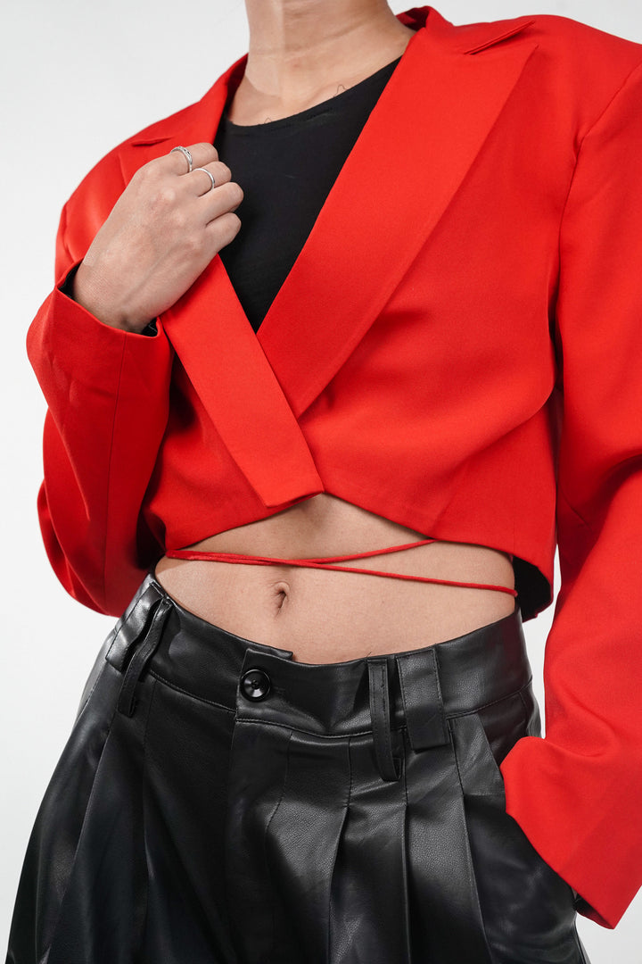 Strings Attached Cropped Blazer in Red