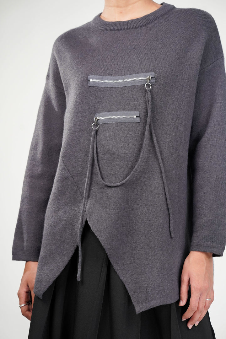 Slate Grey Zipline Geometrical  Sweater