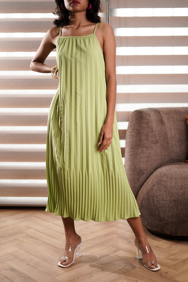 Parrot green pleated dress for women