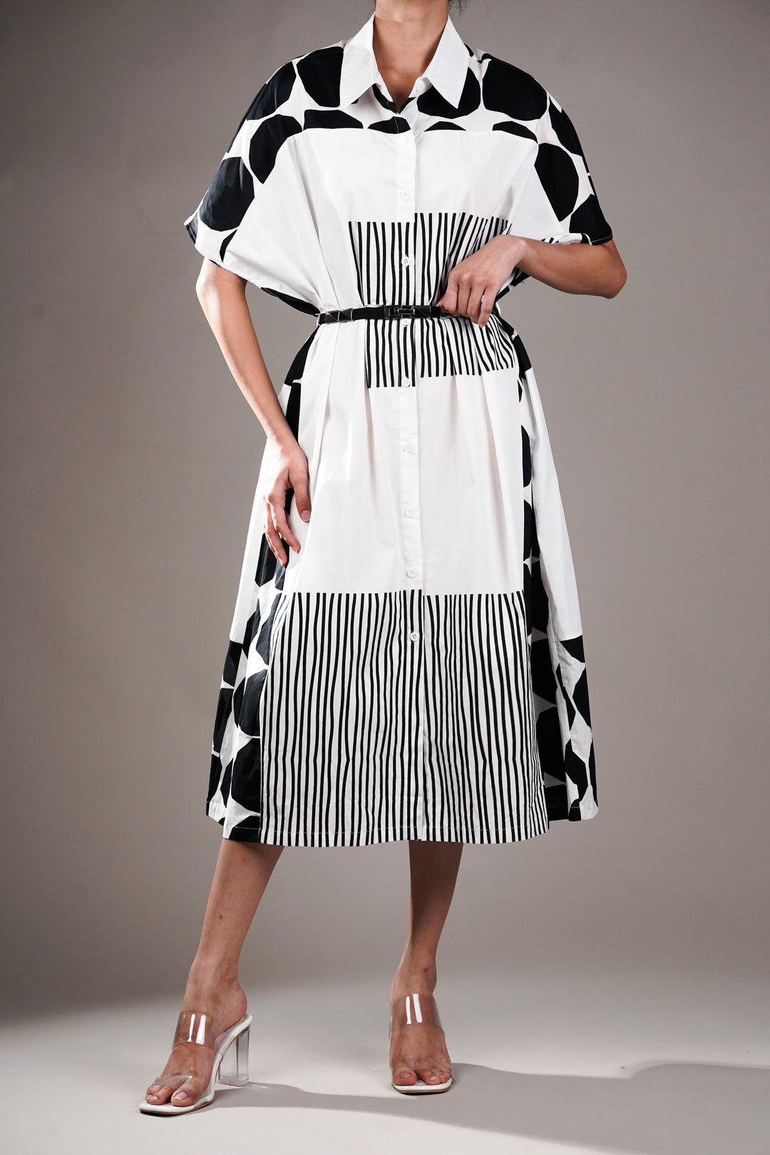 White Geometrical Print Shirt Dress