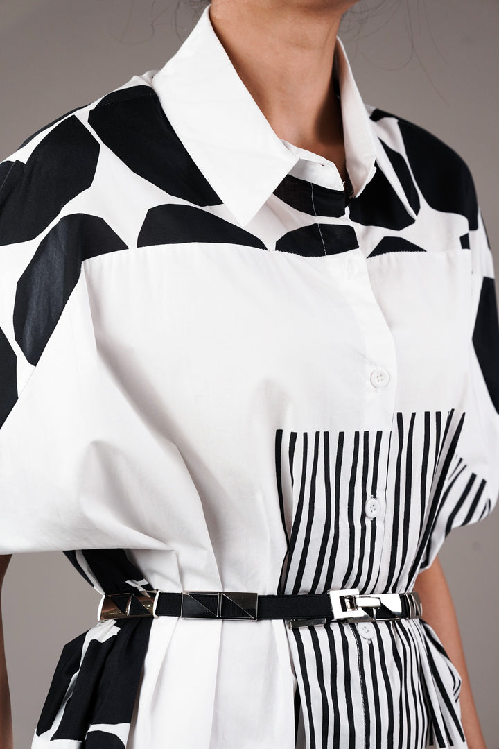 White Geometrical Print Shirt Dress