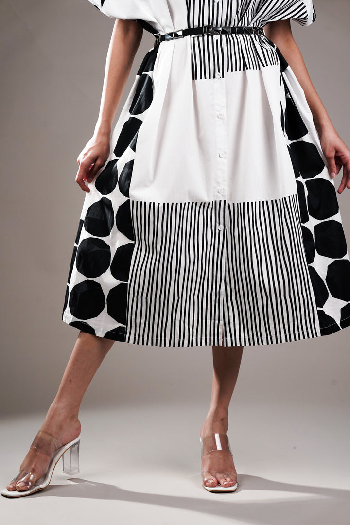 White Geometrical Print Shirt Dress