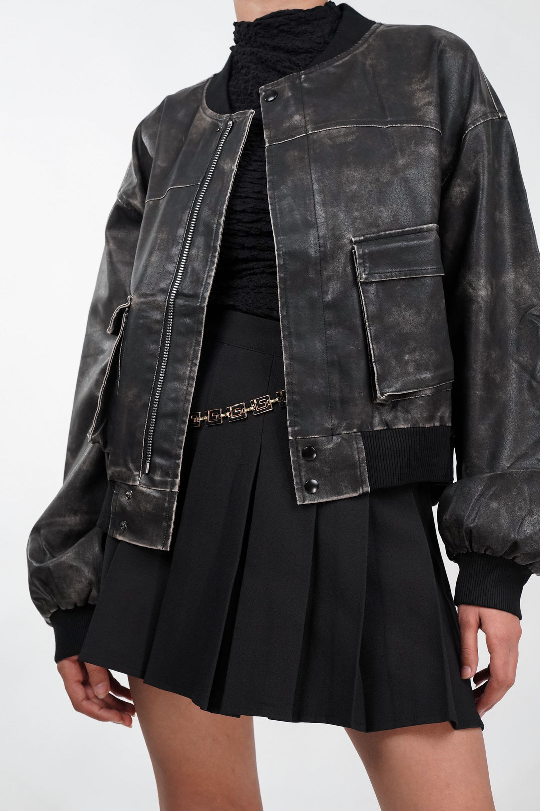 Black leather jacket with cargo pockets