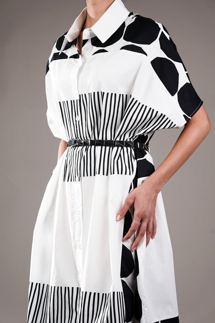 White Geometrical Print Shirt Dress