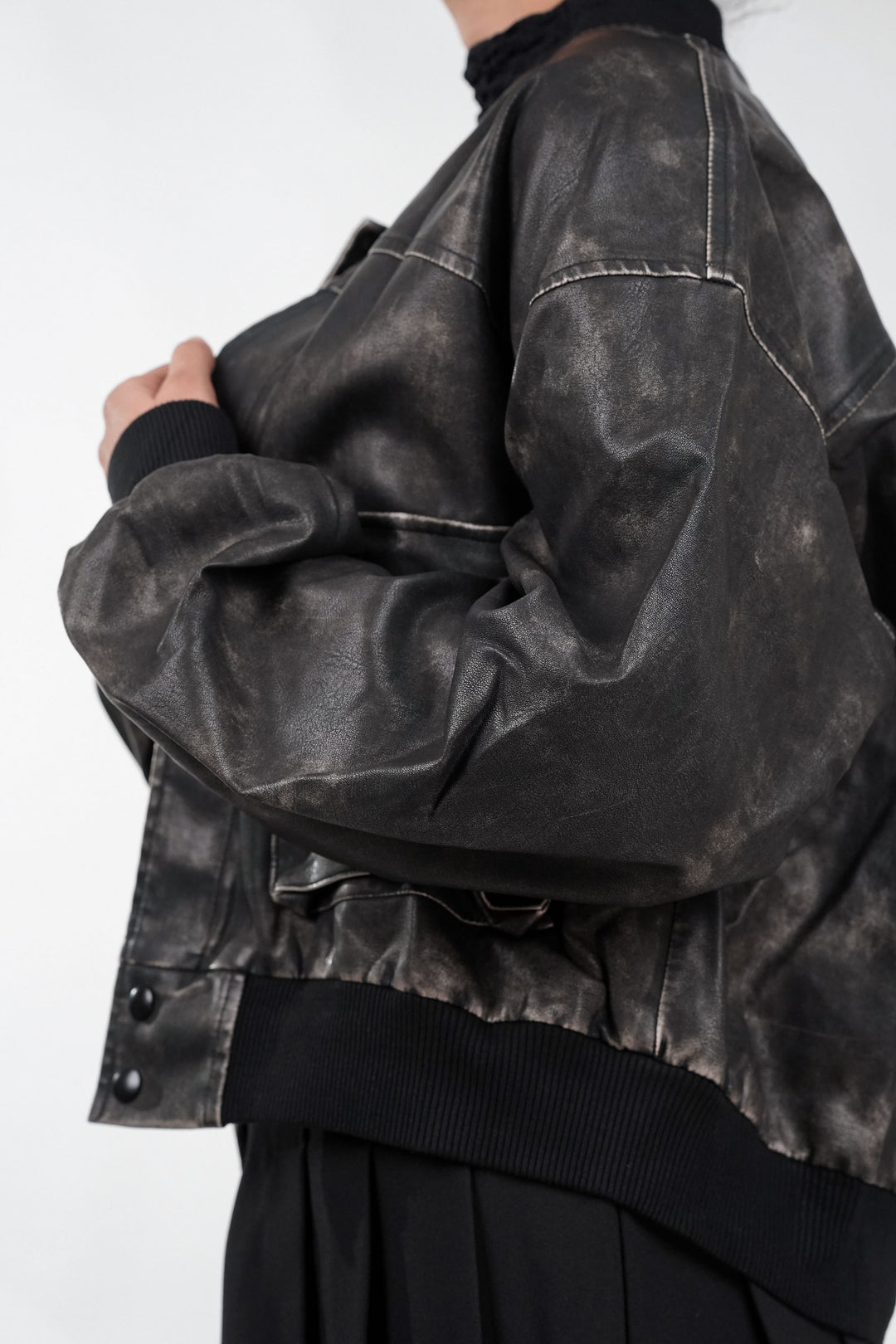 Textured Terrain Black Leather Jacket