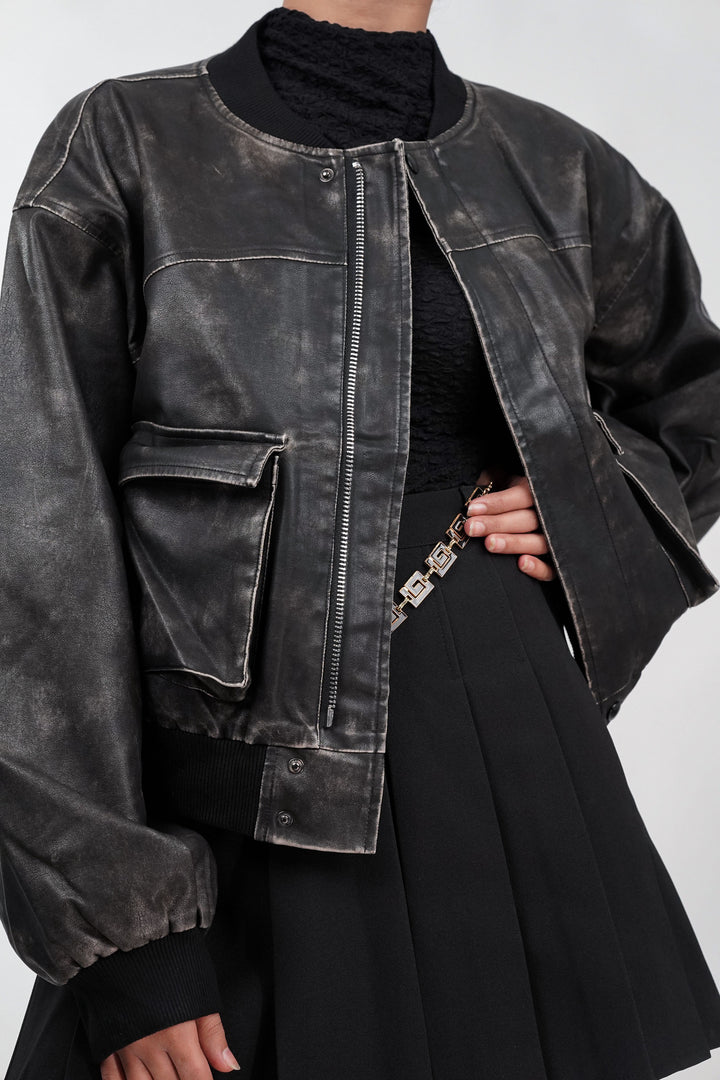 Textured Terrain Black Leather Jacket