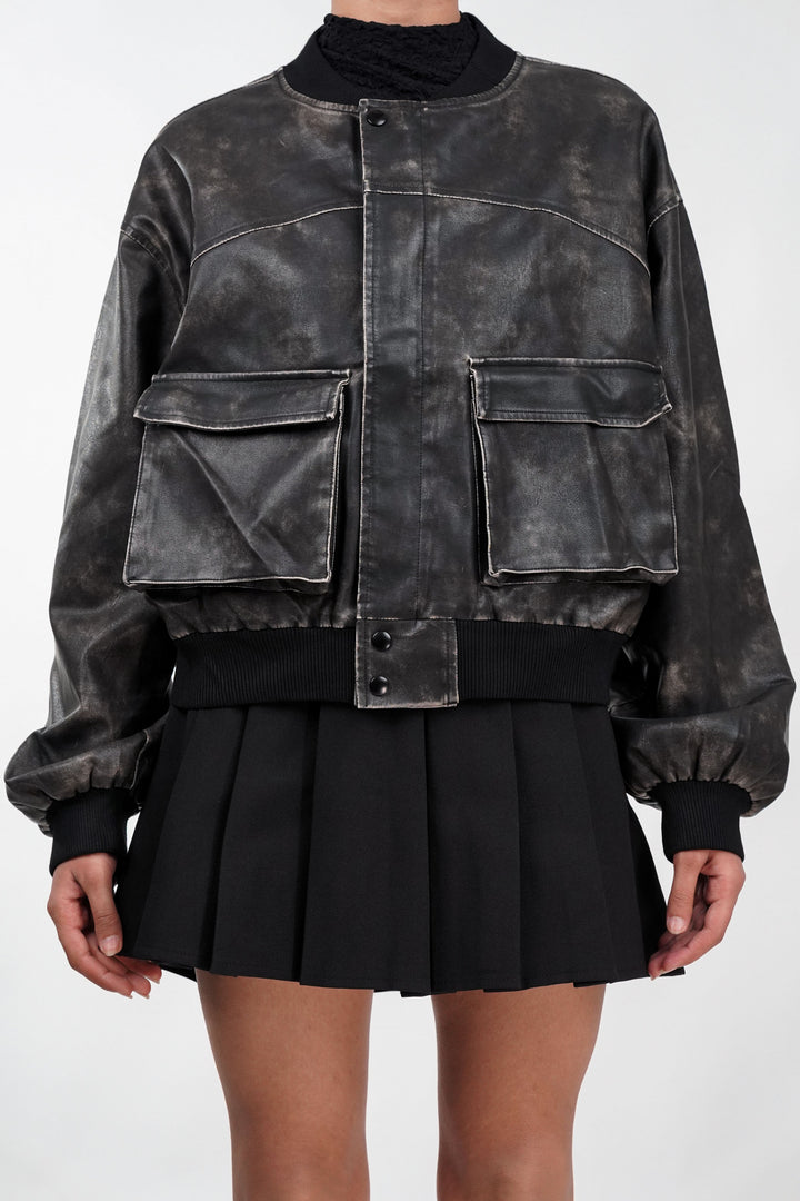 Textured Terrain Black Leather Jacket