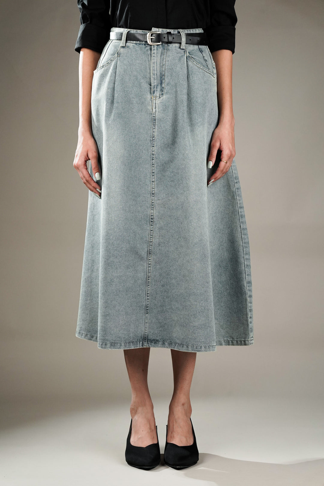 Denim A-line skirt With Belt