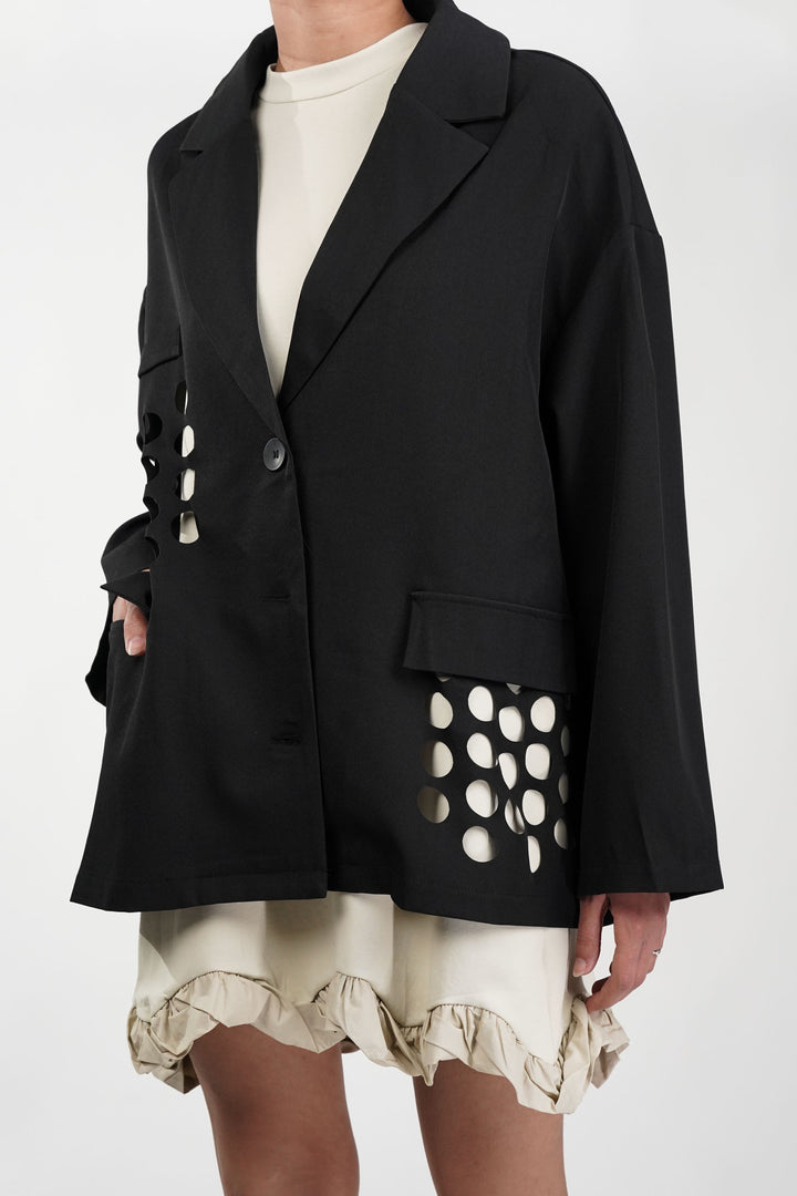 Black Blazer With Circle Cut Work