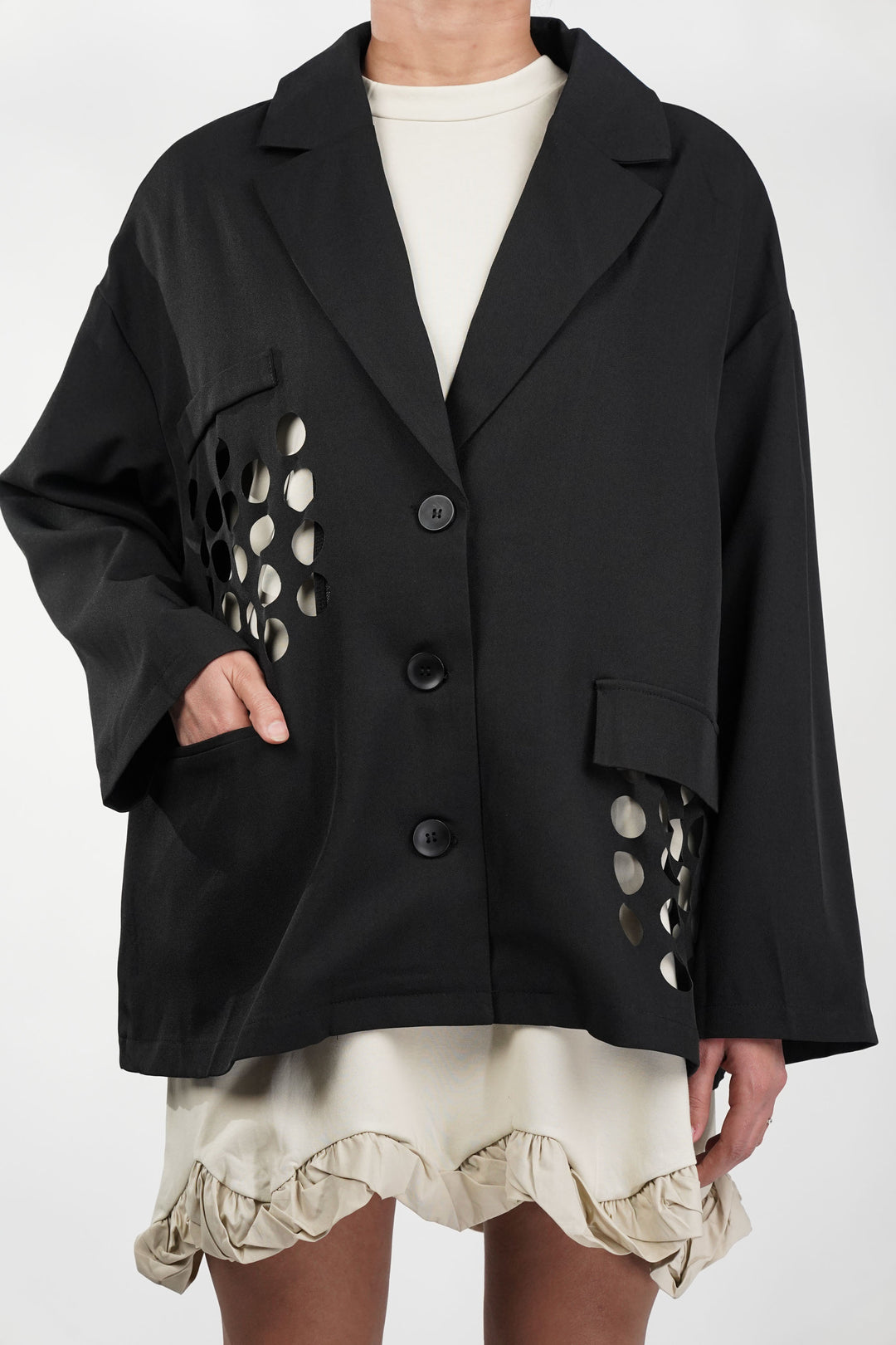 Black Blazer With Circle Cut Work