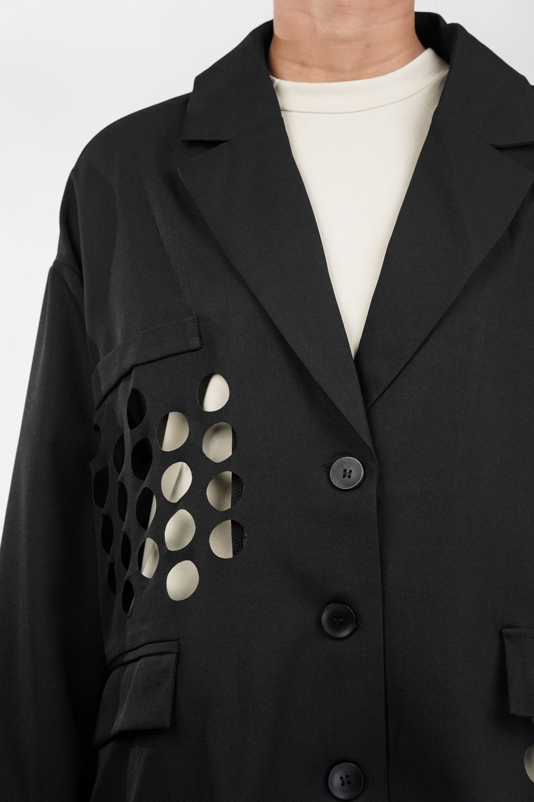 Black Blazer With Circle Cut Work