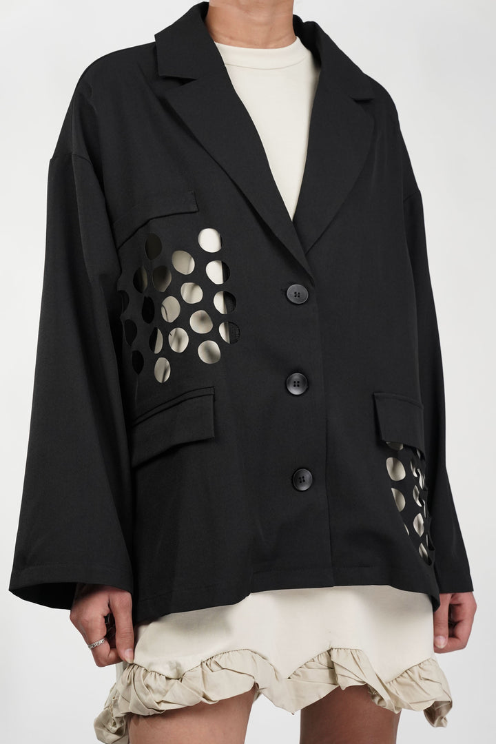 Black Blazer With Circle Cut Work