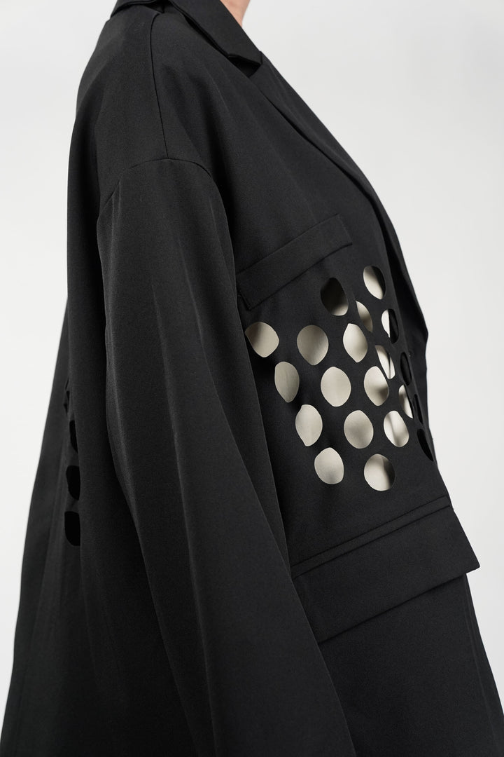 Black Blazer With Circle Cut Work