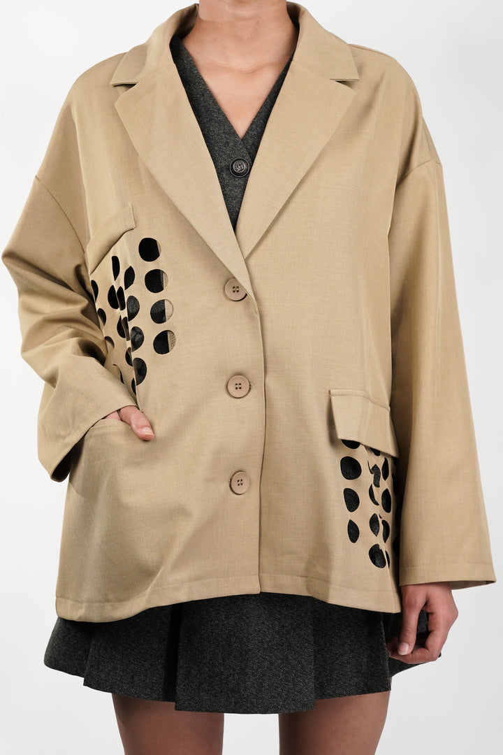 Khaki Blazer With Circle Cut Work