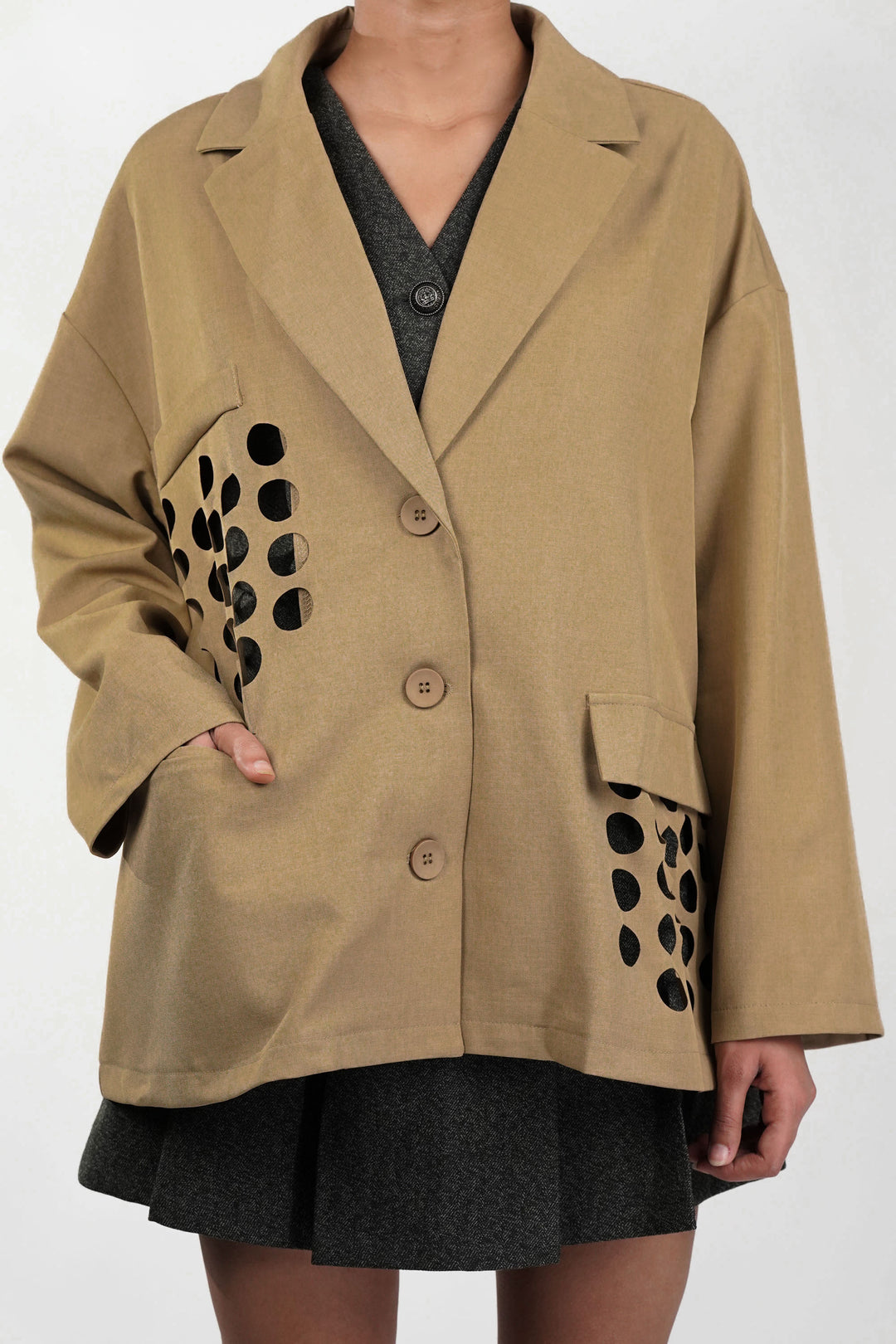 Khaki Blazer With Circle Cut Work