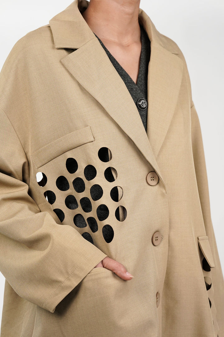 Khaki Blazer With Circle Cut Work