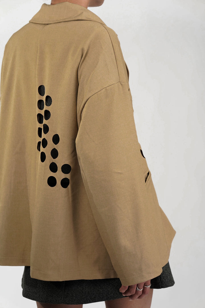 Khaki Blazer With Circle Cut Work