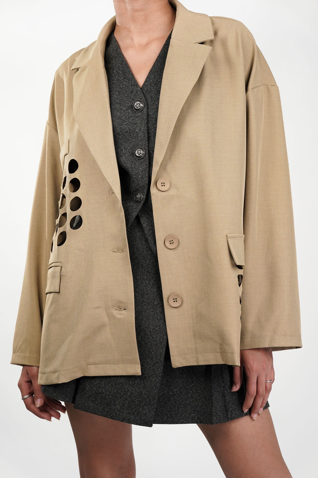 Khaki Blazer With Circle Cut Work