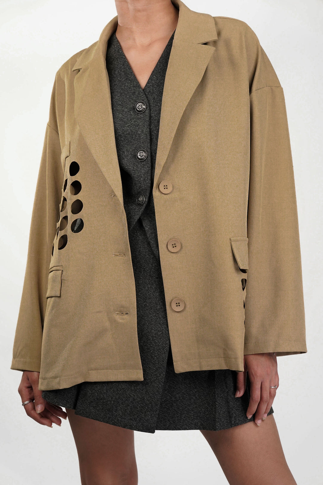 Khaki Blazer With Circle Cut Work