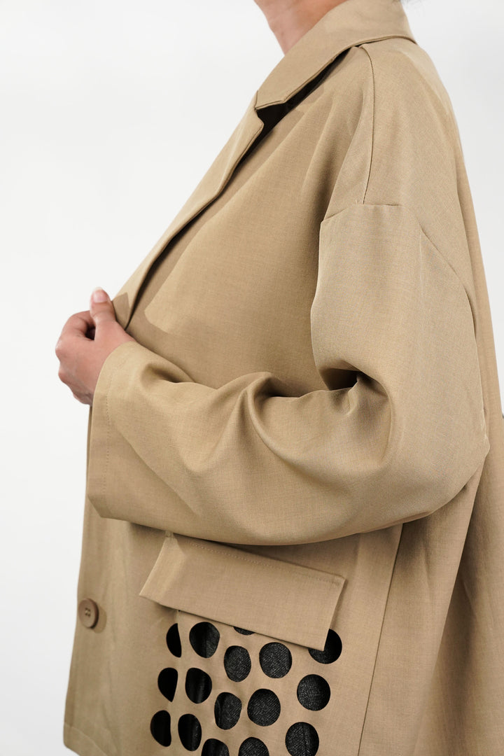 Khaki Blazer With Circle Cut Work