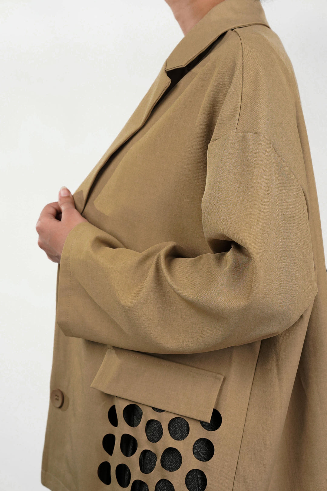 Khaki Blazer With Circle Cut Work