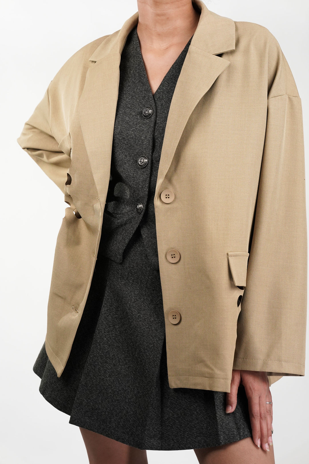 Khaki Blazer With Circle Cut Work