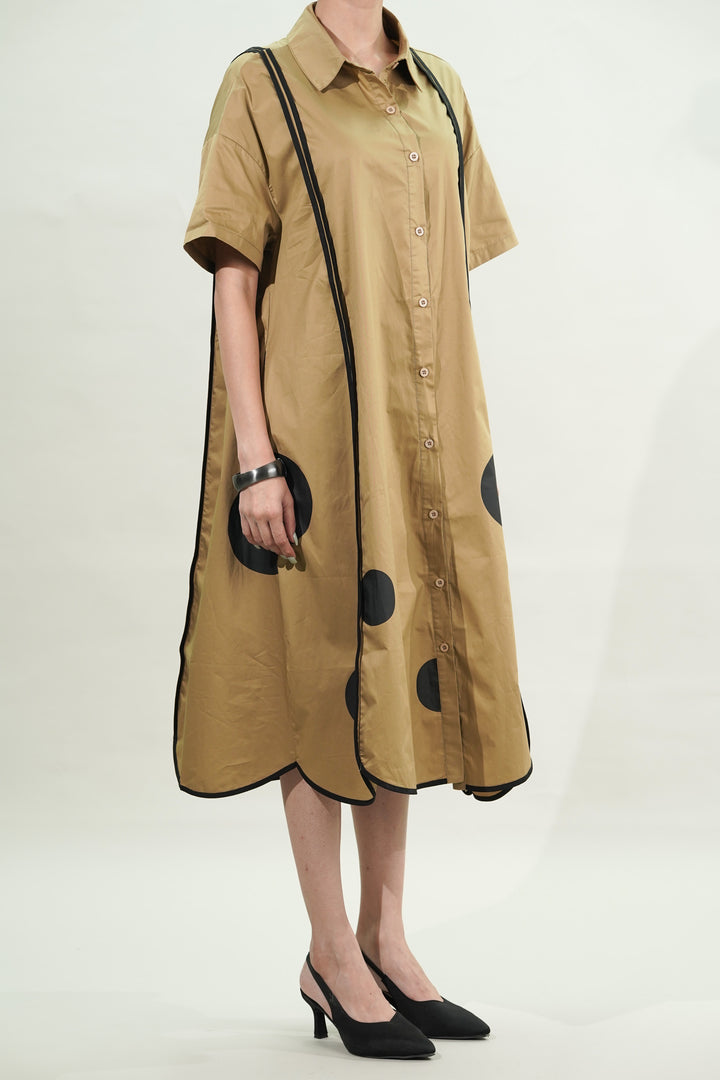 CAMEL PANEL DRESS WITH ASYMMETRICAL HEM