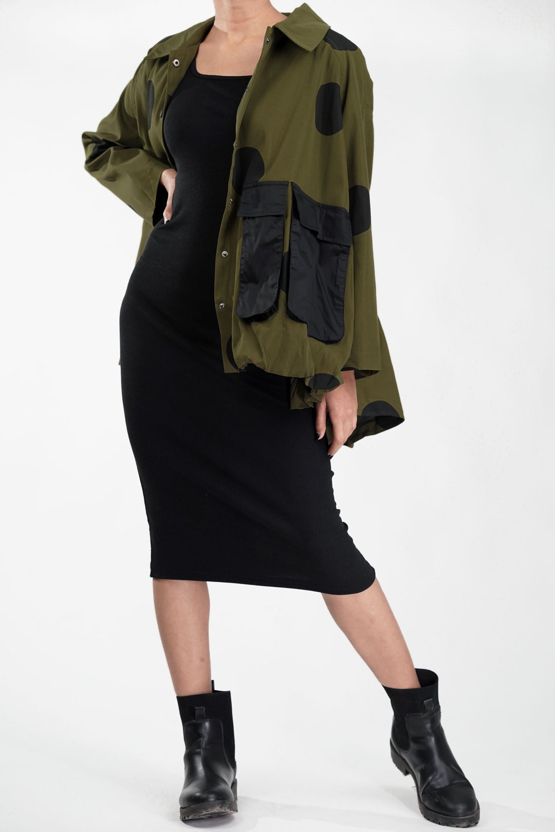 Olive Jacket With Black Polka Dot