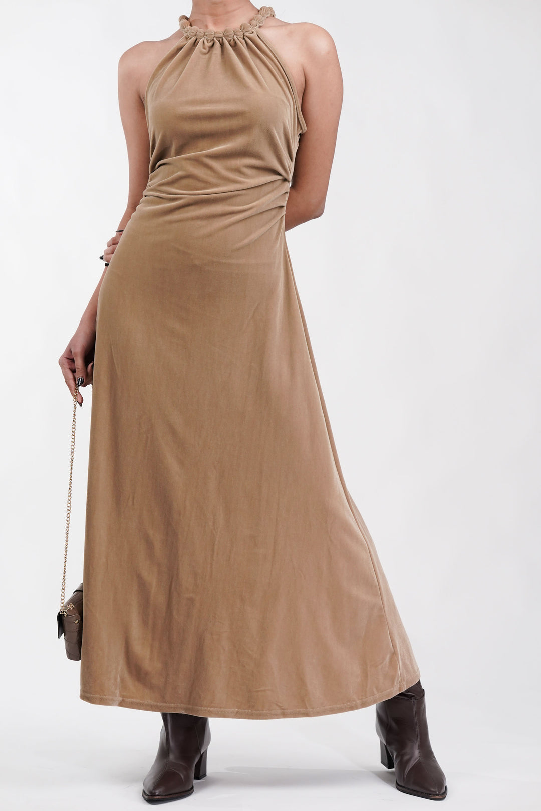 Midnight Luxe Beige Velvet Dress