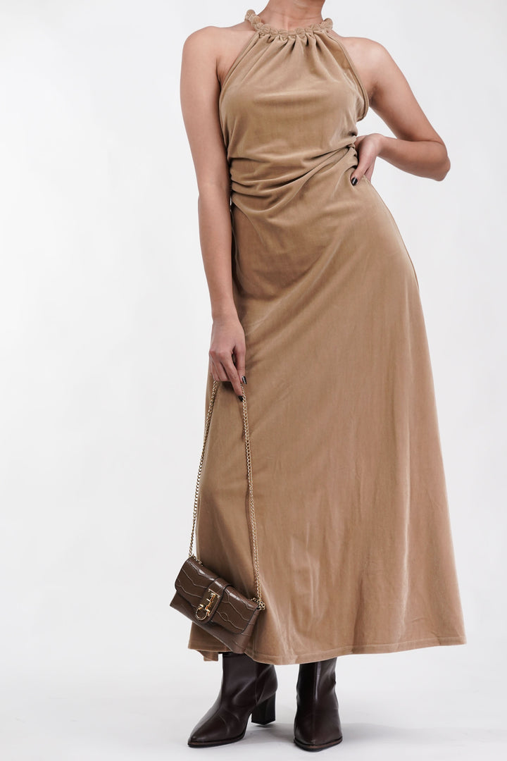 Midnight Luxe Beige Velvet Dress