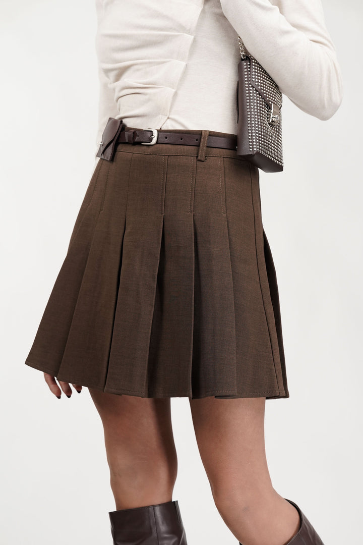 Brown Belted Skater Skirt