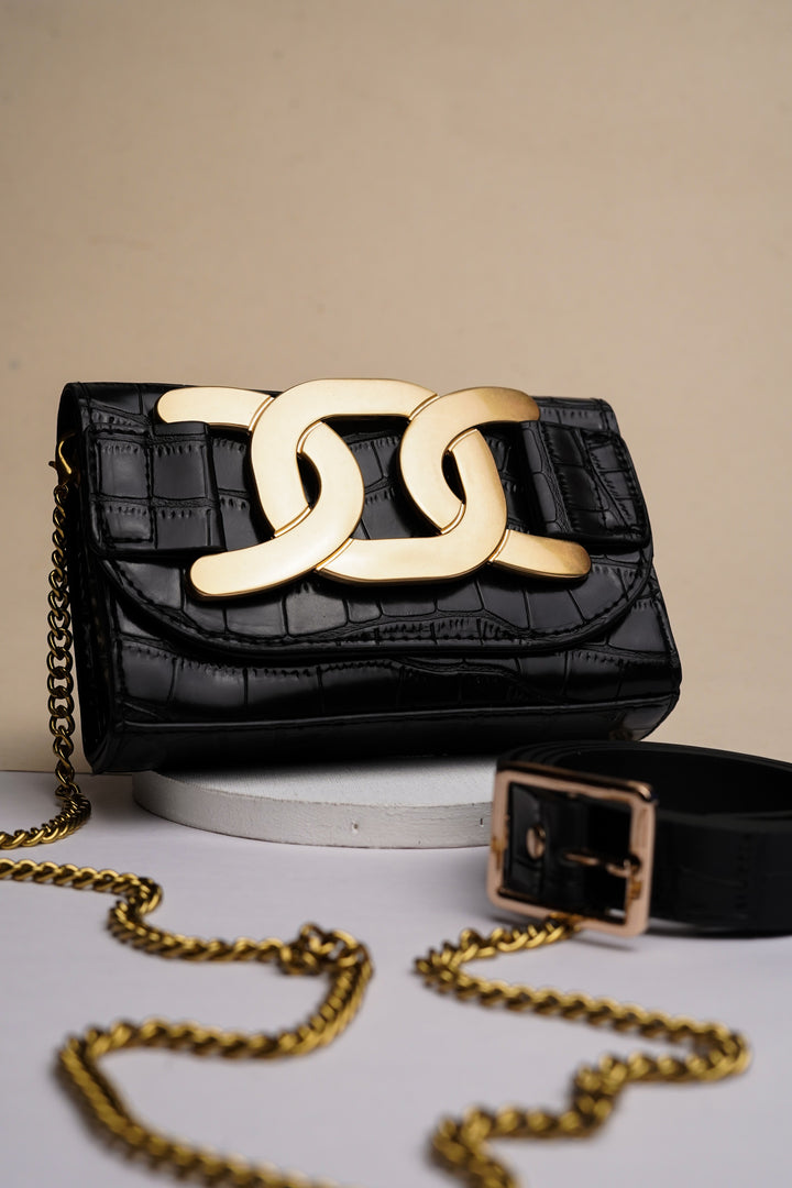 Black Waist Belt Bag With Embellishment