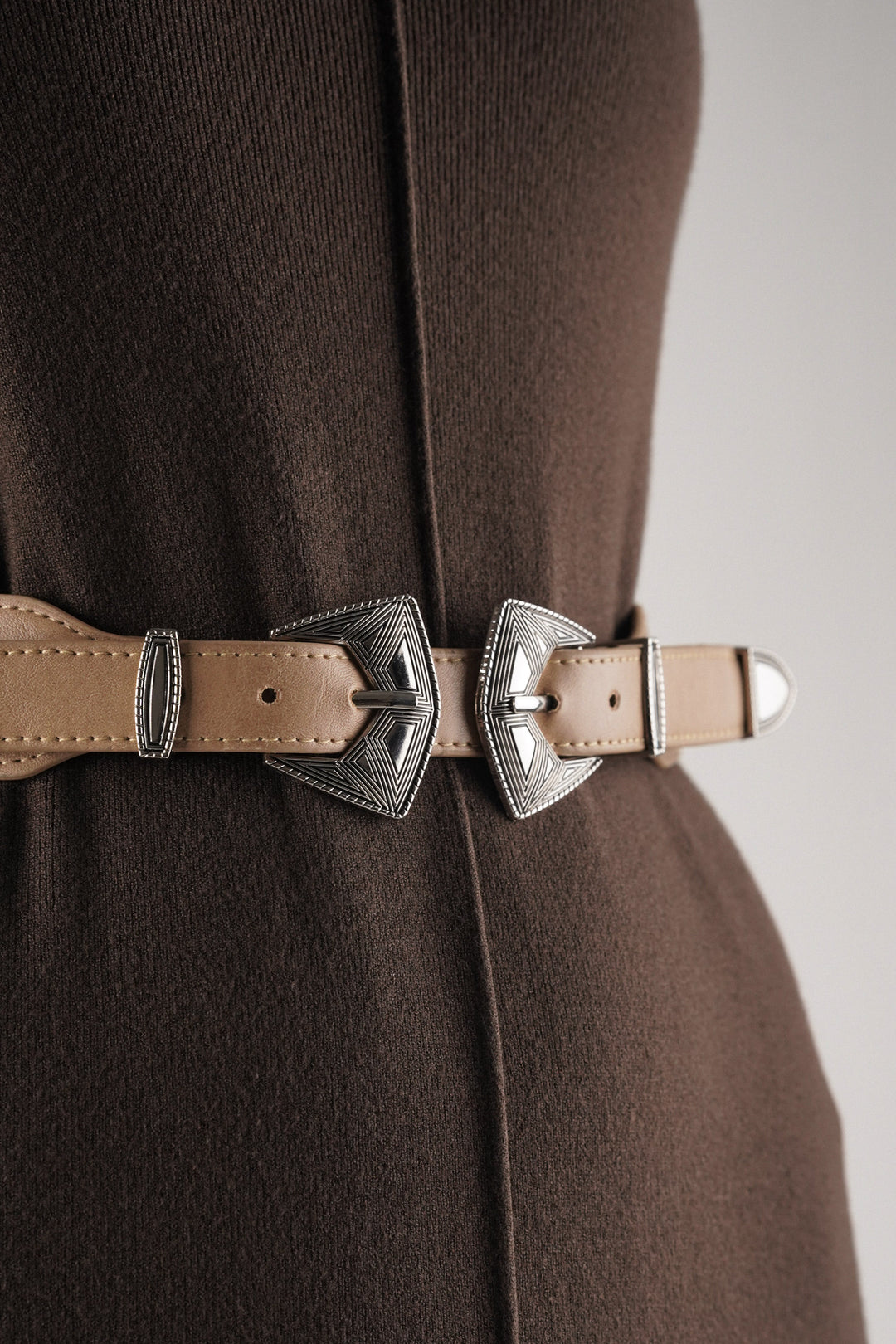 Beige Double Buckle Elastic Belt