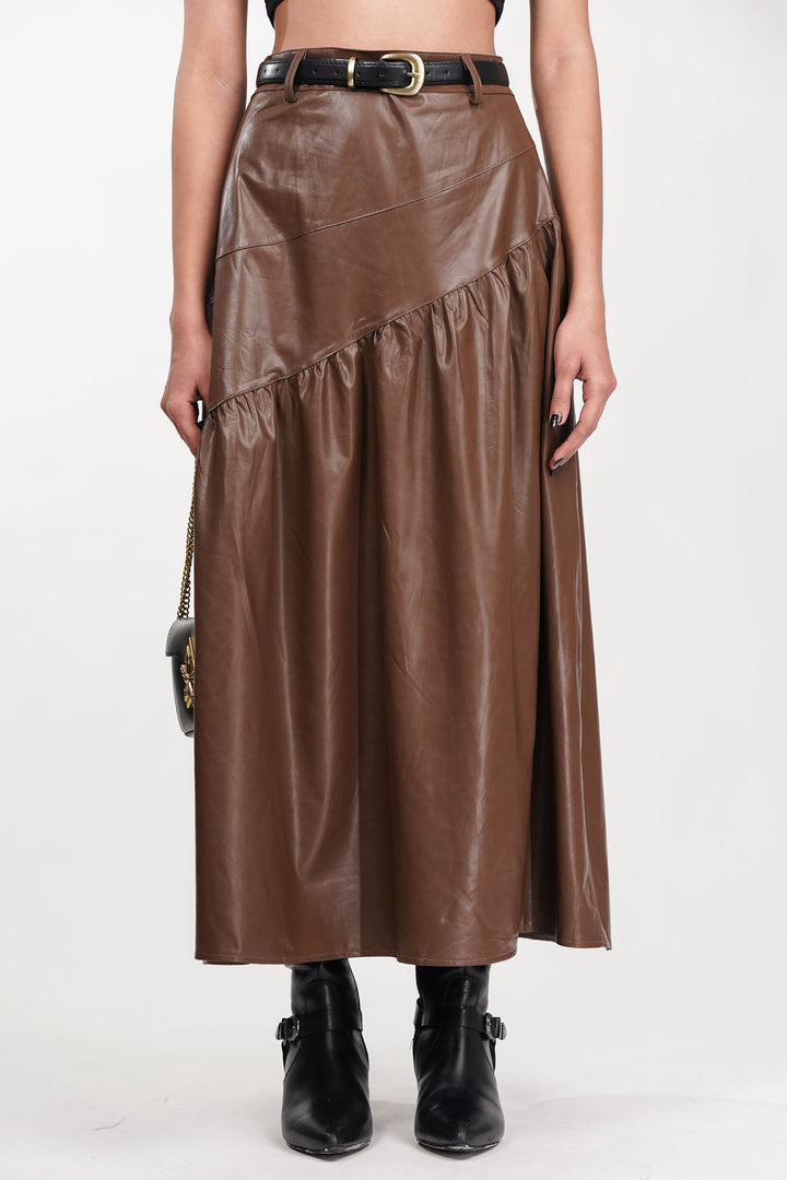 Brown Drift Pleated Leather Skirt