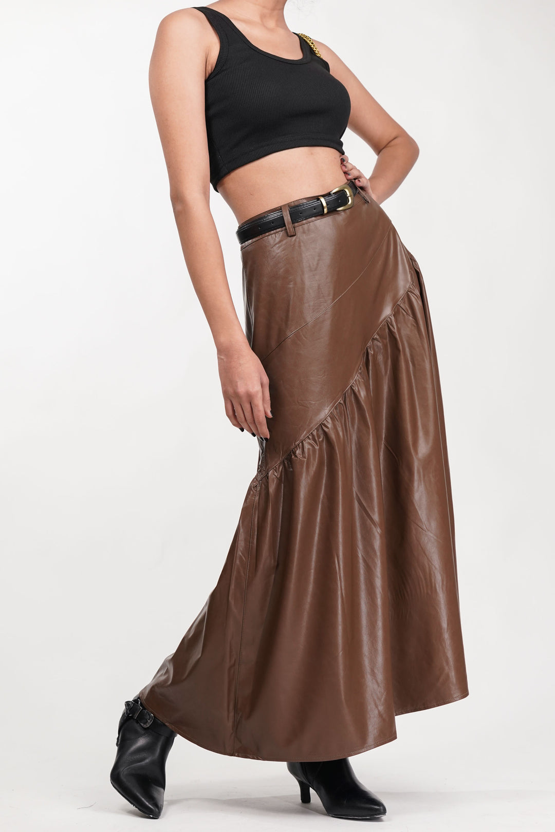 Brown Drift Pleated Leather Skirt