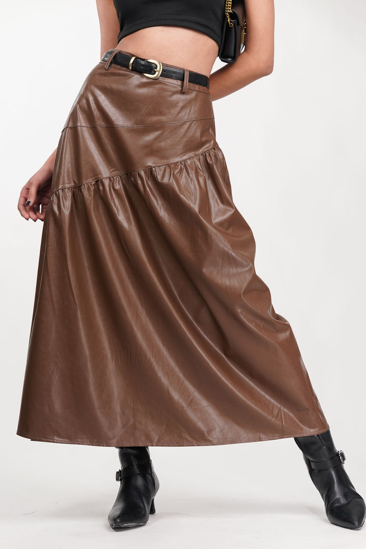 Brown Drift Pleated Leather Skirt