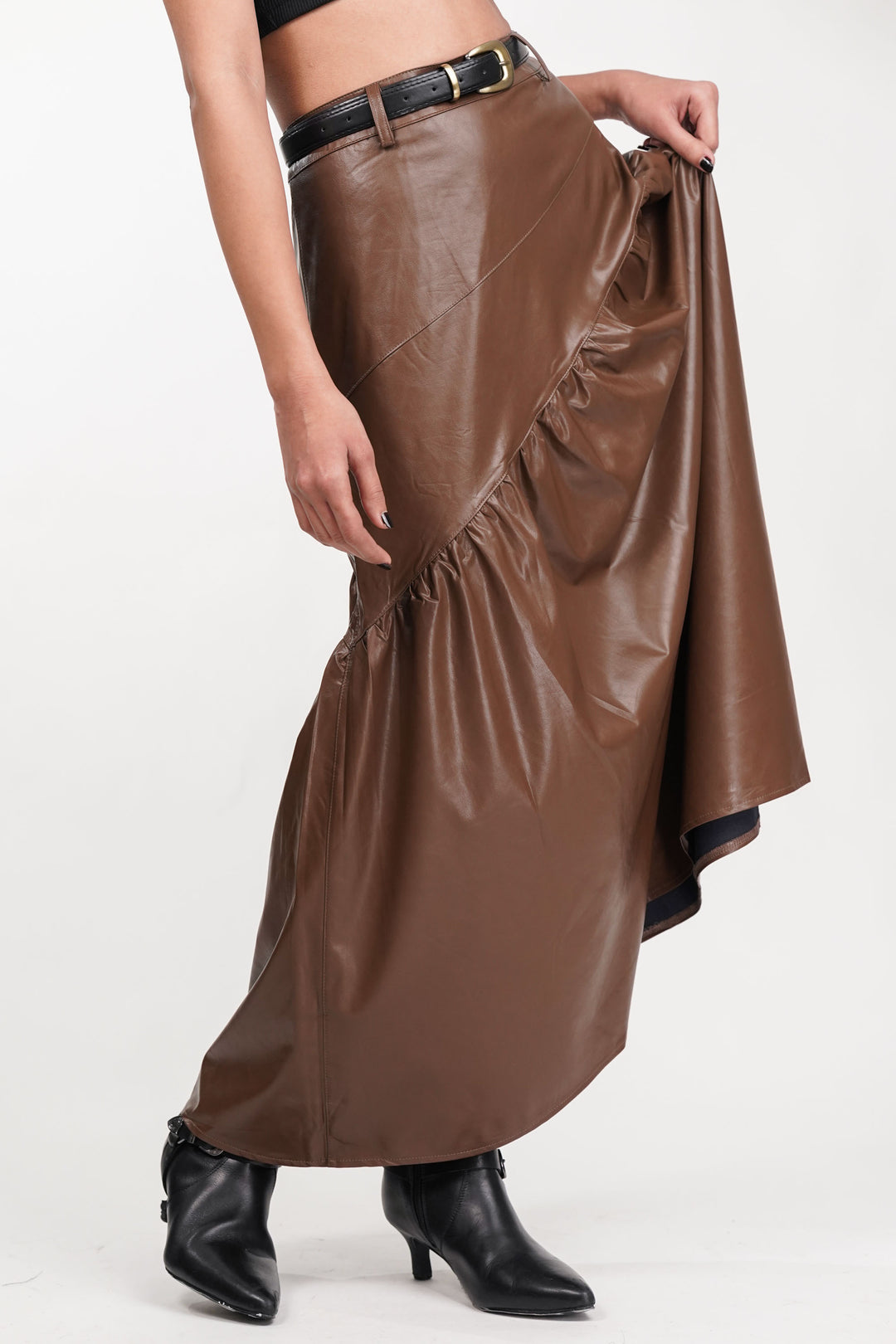 Brown Drift Pleated Leather Skirt