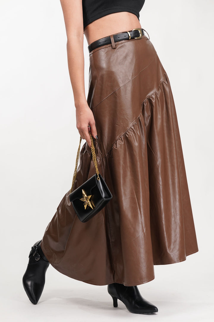 Brown Drift Pleated Leather Skirt