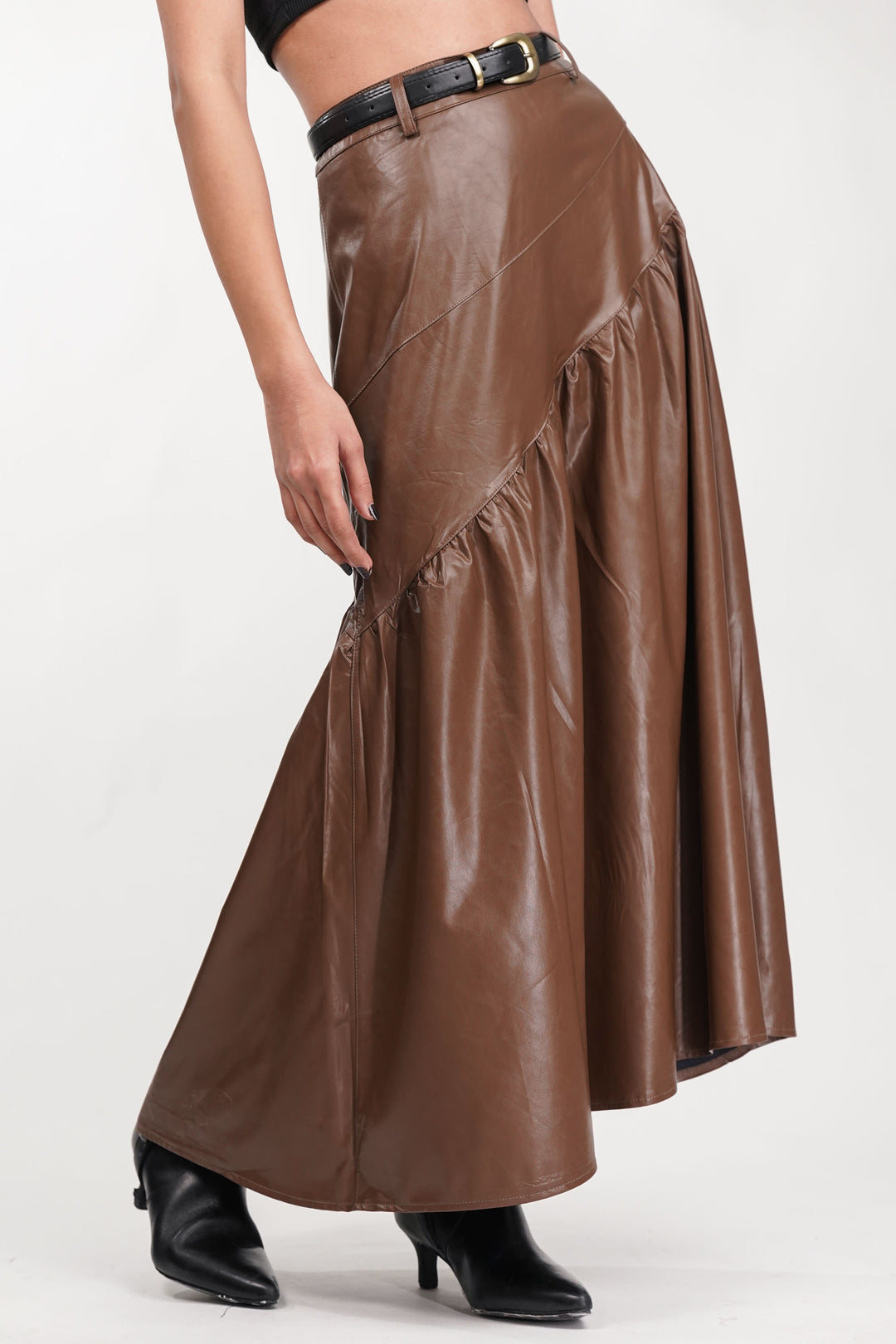 Brown Drift Pleated Leather Skirt