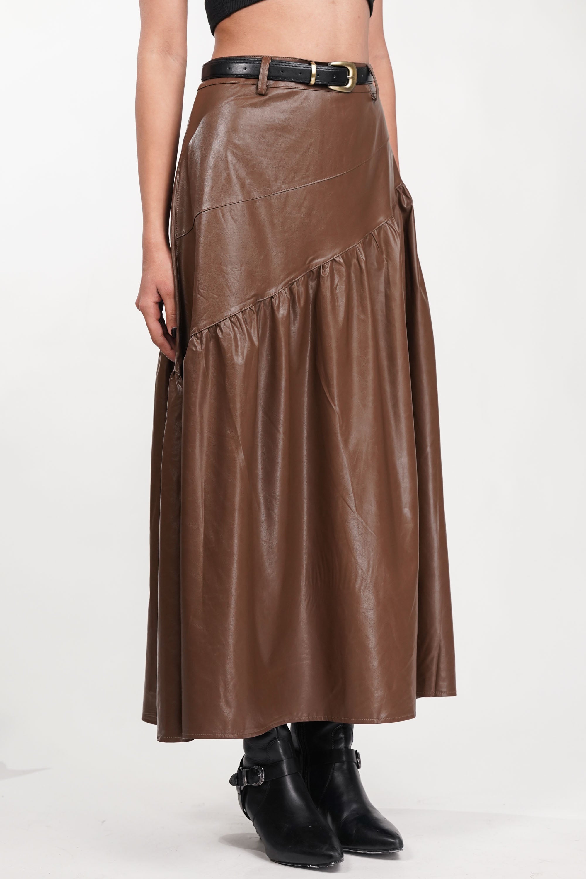 Brown Drift Pleated Leather Skirt - Stylish & Chic Midi