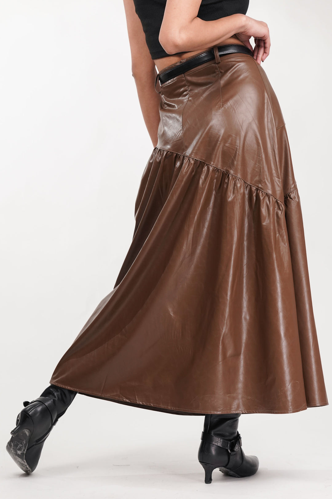 Brown Drift Pleated Leather Skirt