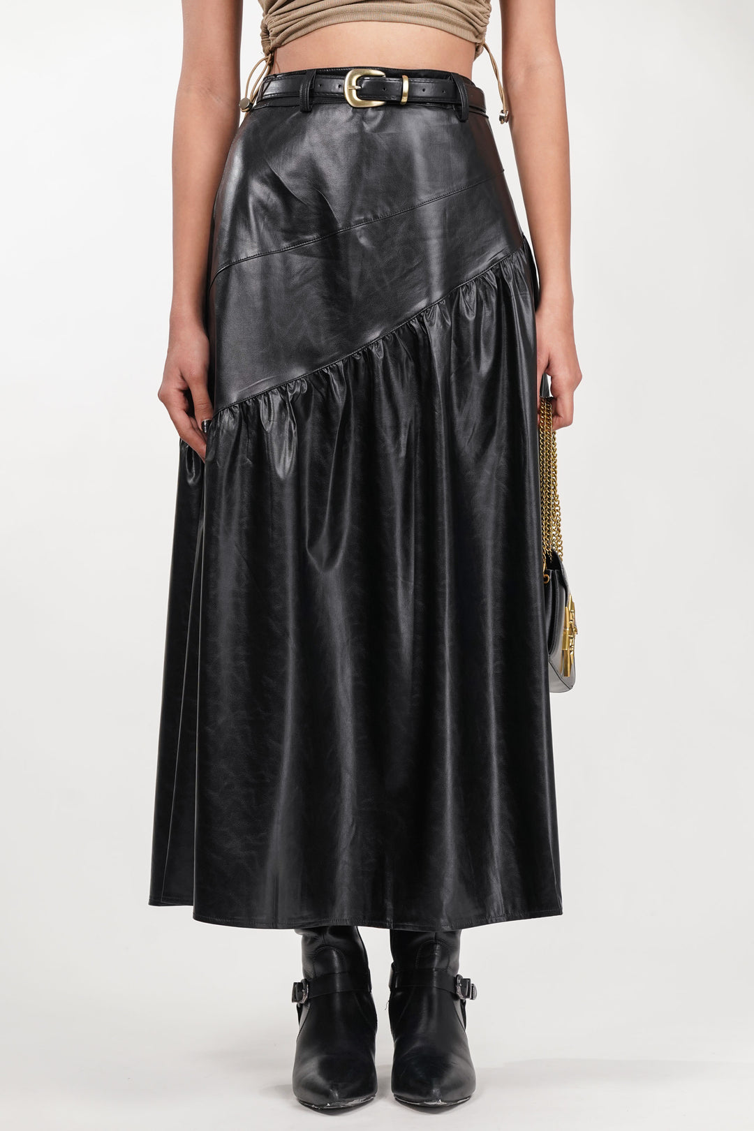 Black Drift Pleated Leather Skirt