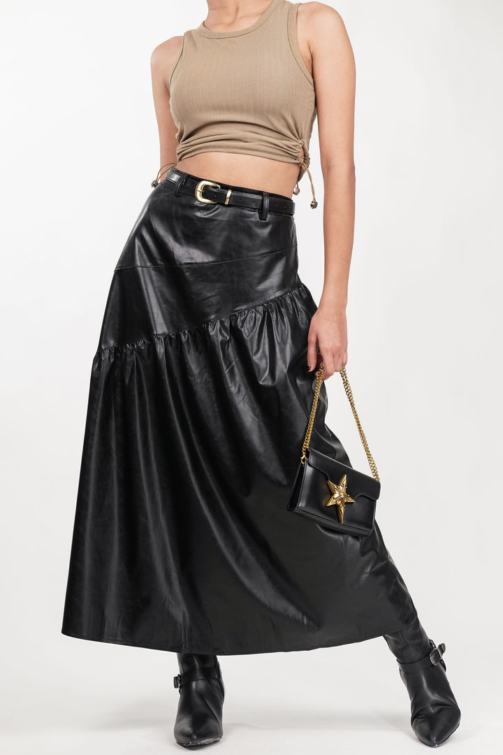 Black Drift Pleated Leather Skirt