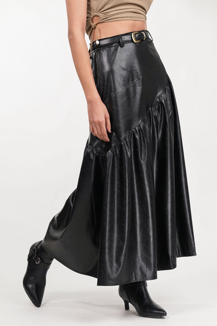 Black Drift Pleated Leather Skirt